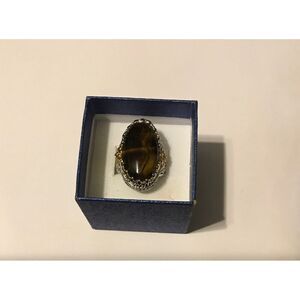 Gorgeous 30 Carat Genuine African Tiger Eye Gemstone Filigree Ring Sz 8